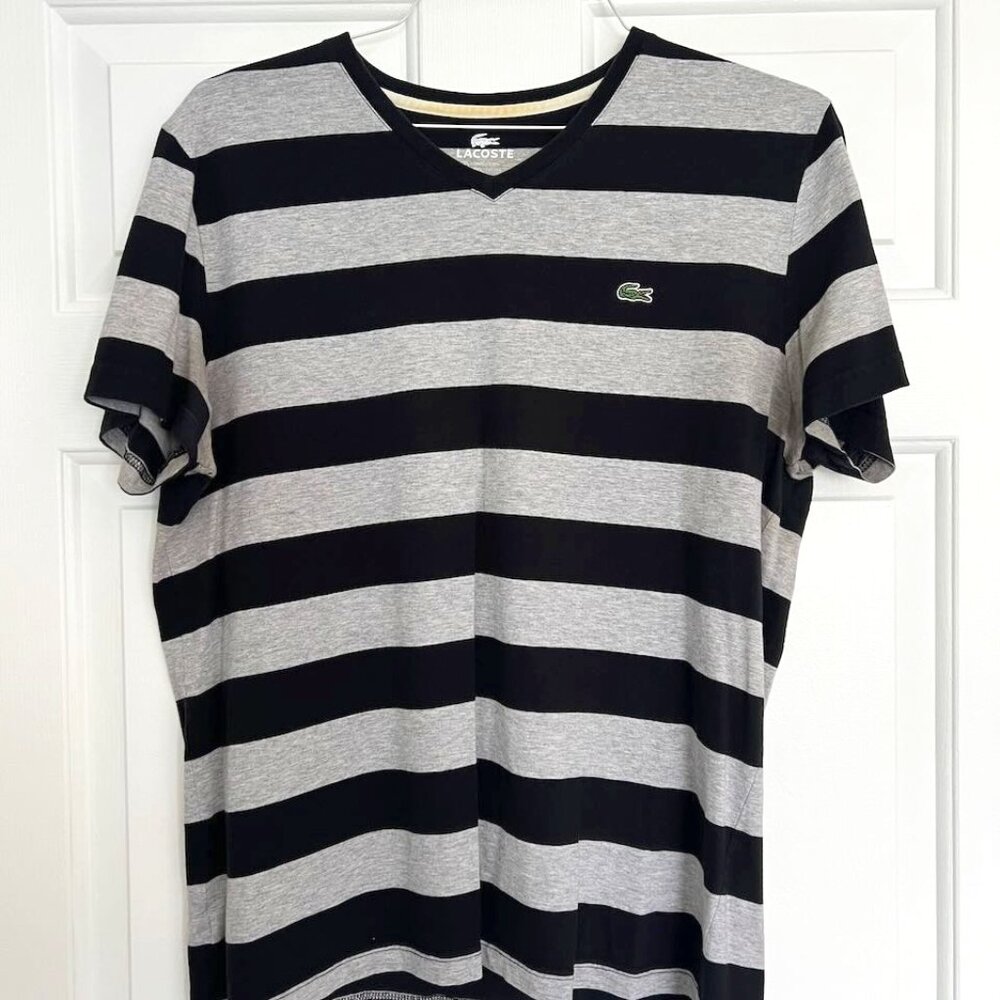 Lacoste Black and Grey Striped Men's T-shirt Men's Sz 5
